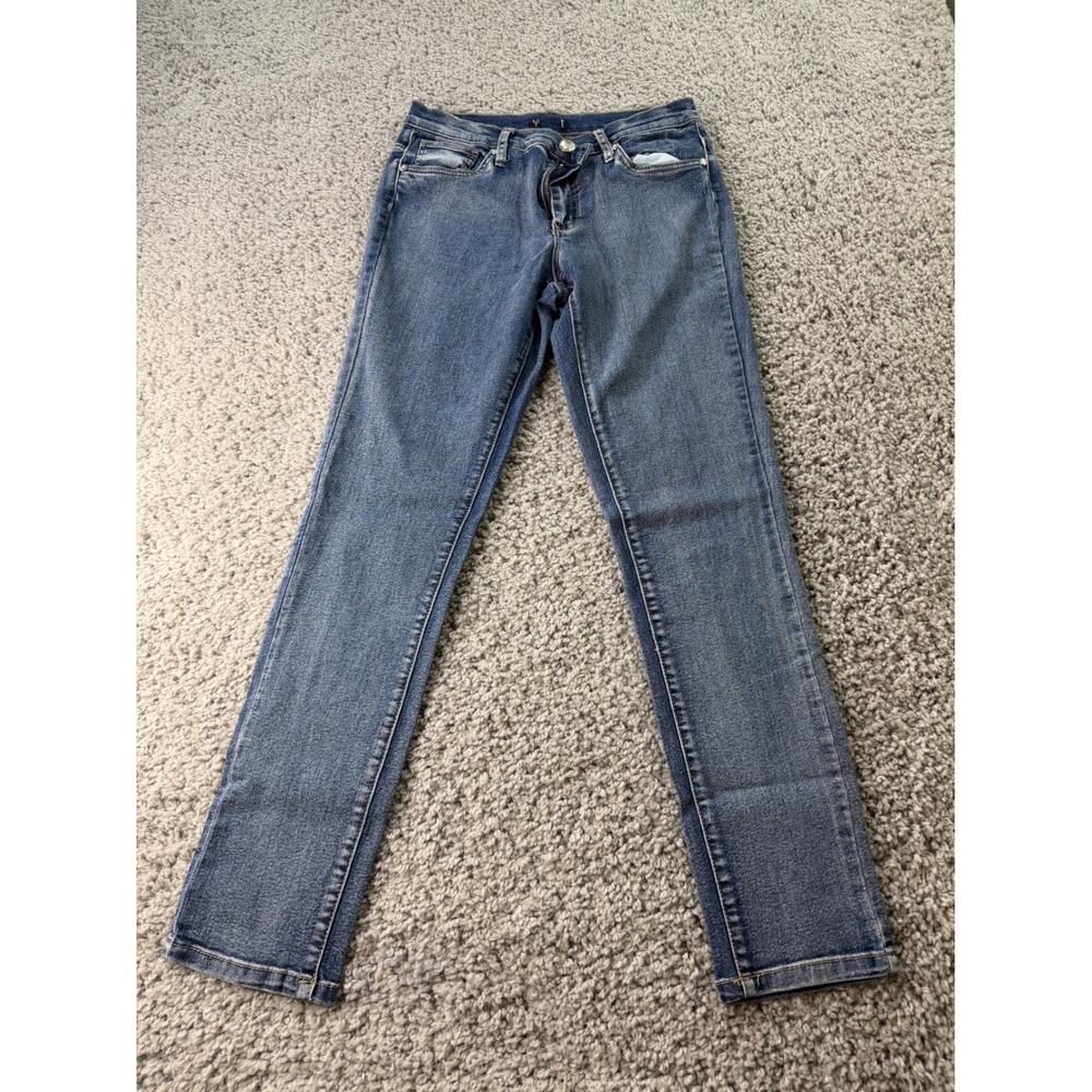 Womens Medium Wash Skinny Jeans Mid Rise Crystal Button Denim Pants